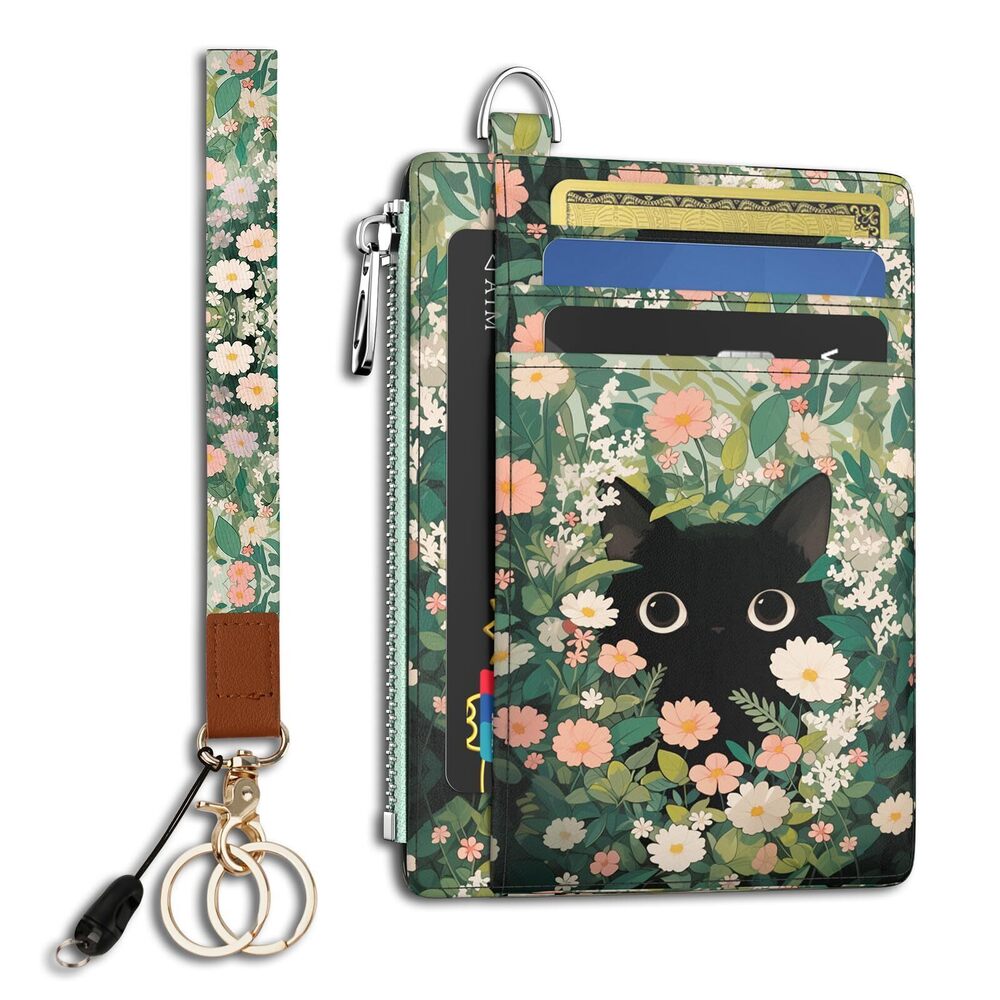 8258 Black Cat Floral Slim Wallet Credit Card Holder Small Cute RFID